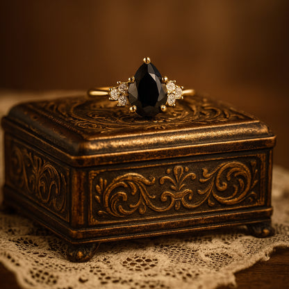 VVS1 Clarity Pear Black Moissanite Engagement Ring Round Diamond Cluster Setting Gothic Inspired
