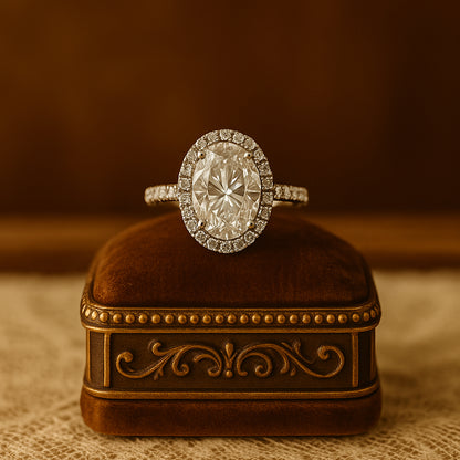 Oval Cut Moissanite Halo Engagement Ring Vintage Eternity Design Brilliant Diamond Look
