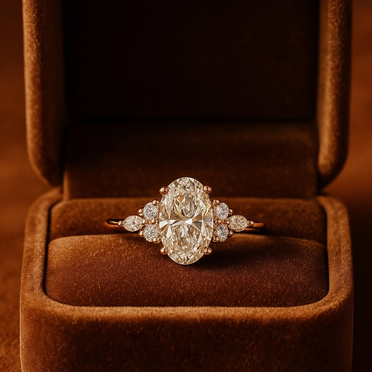 Oval Cut Moissanite Ring With Marquise And Round Cluster Arrangement Offering Brilliant Diamond Alternative