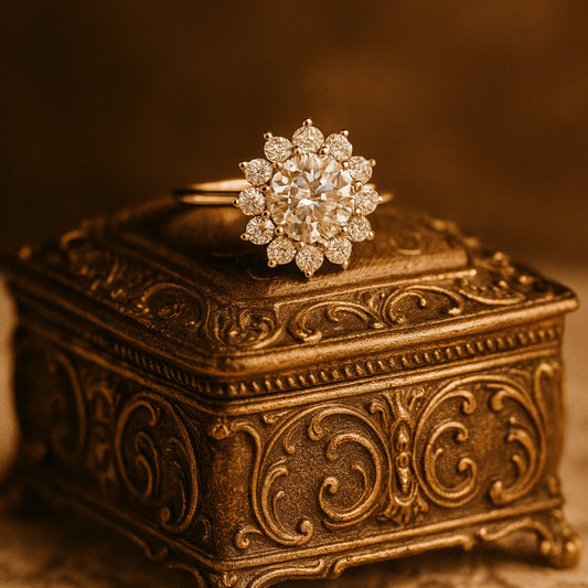 10K Yellow Gold Moissanite Floral Halo Engagement Ring Featuring Radiant Diamond Alternative Center Stone