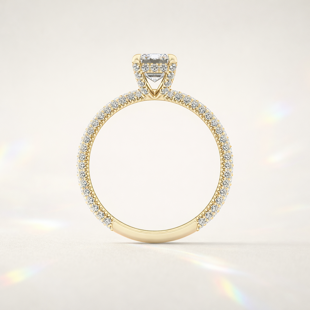 Pave Diamond Engagement Ring With Round Cut Hidden Halo

