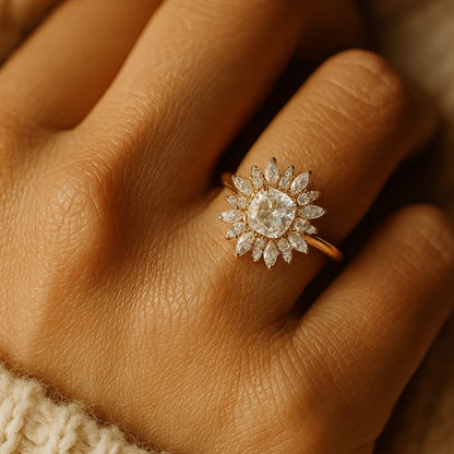 Elegant Cushion Moissanite Engagement Ring With Floral Halo Diamond Accents Ethical Alternative VVS1
