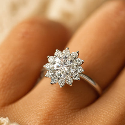 Moissanite Engagement Ring Floral Halo Setting 10K Yellow Gold Radiating Diamond-Style Fire And Clarity