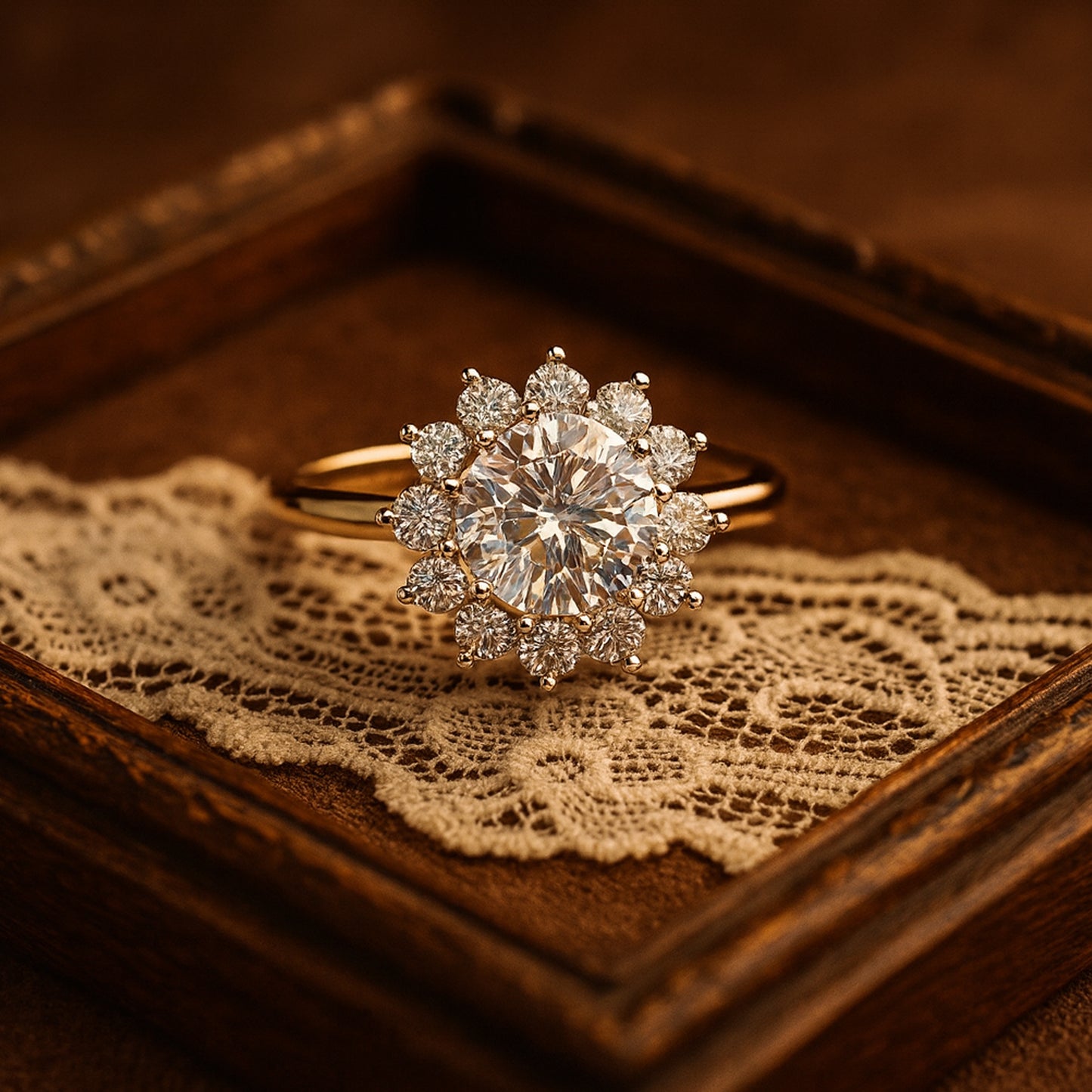 Elegant Moissanite Engagement Ring In Yellow Gold With Vintage Floral Halo And Brilliant Diamond-Like Shine