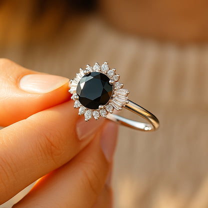 VVS1 Clarity Round Black Moissanite Engagement Ring Baguette Diamond Halo Art Deco Inspired
