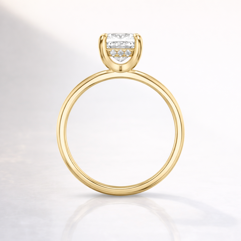 Cushion Cut Engagement Ring With Hidden Halo In Yellow Gold
