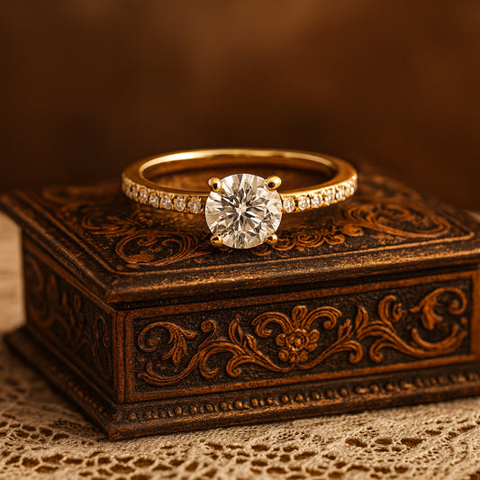 Elegant Round Brilliant Moissanite Solitaire Ring With Yellow Gold Pave Band, Perfect Diamond Alternative Design.