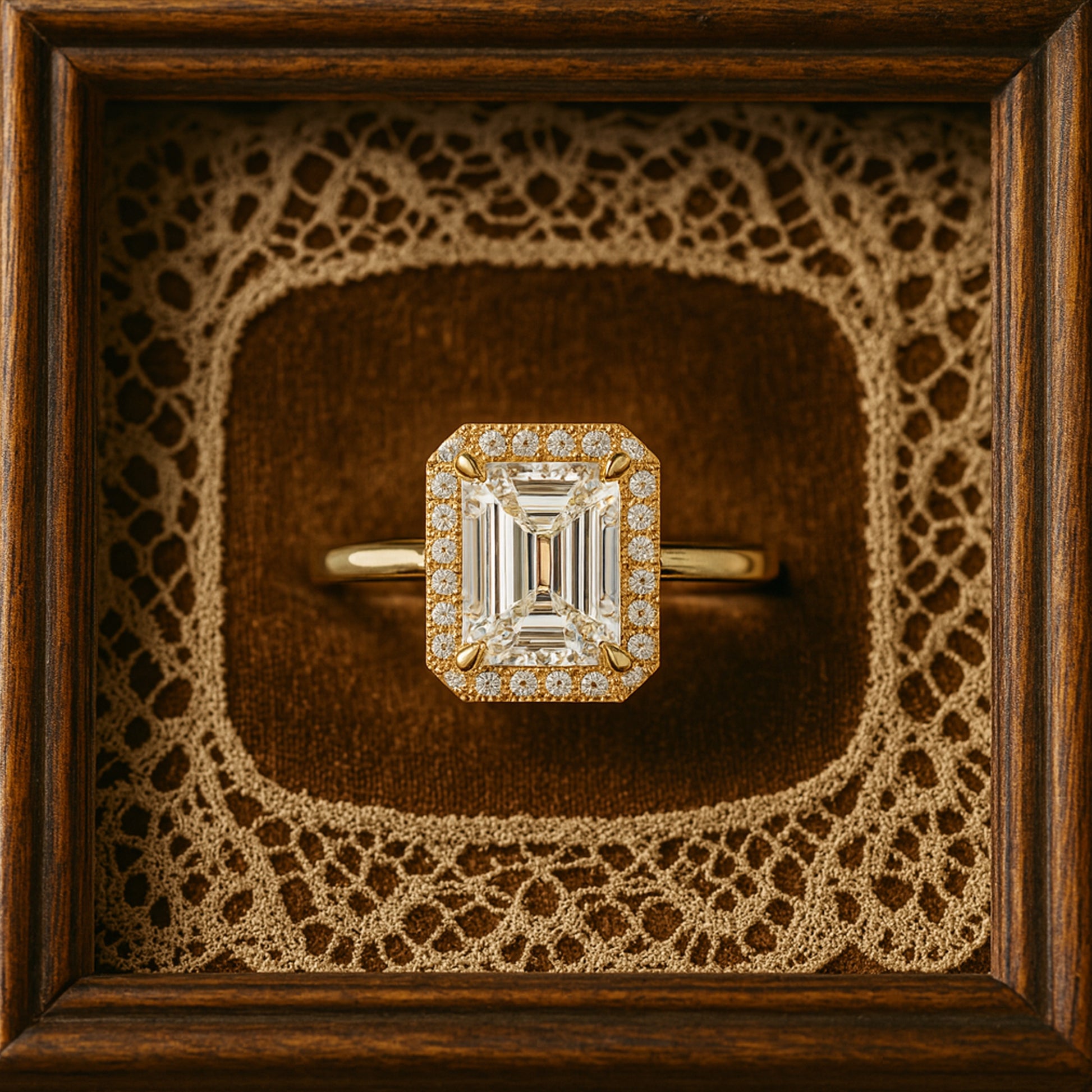 Modern Emerald Cut Moissanite Engagement Ring In Gold With Halo Design And Classic Solitaire Style