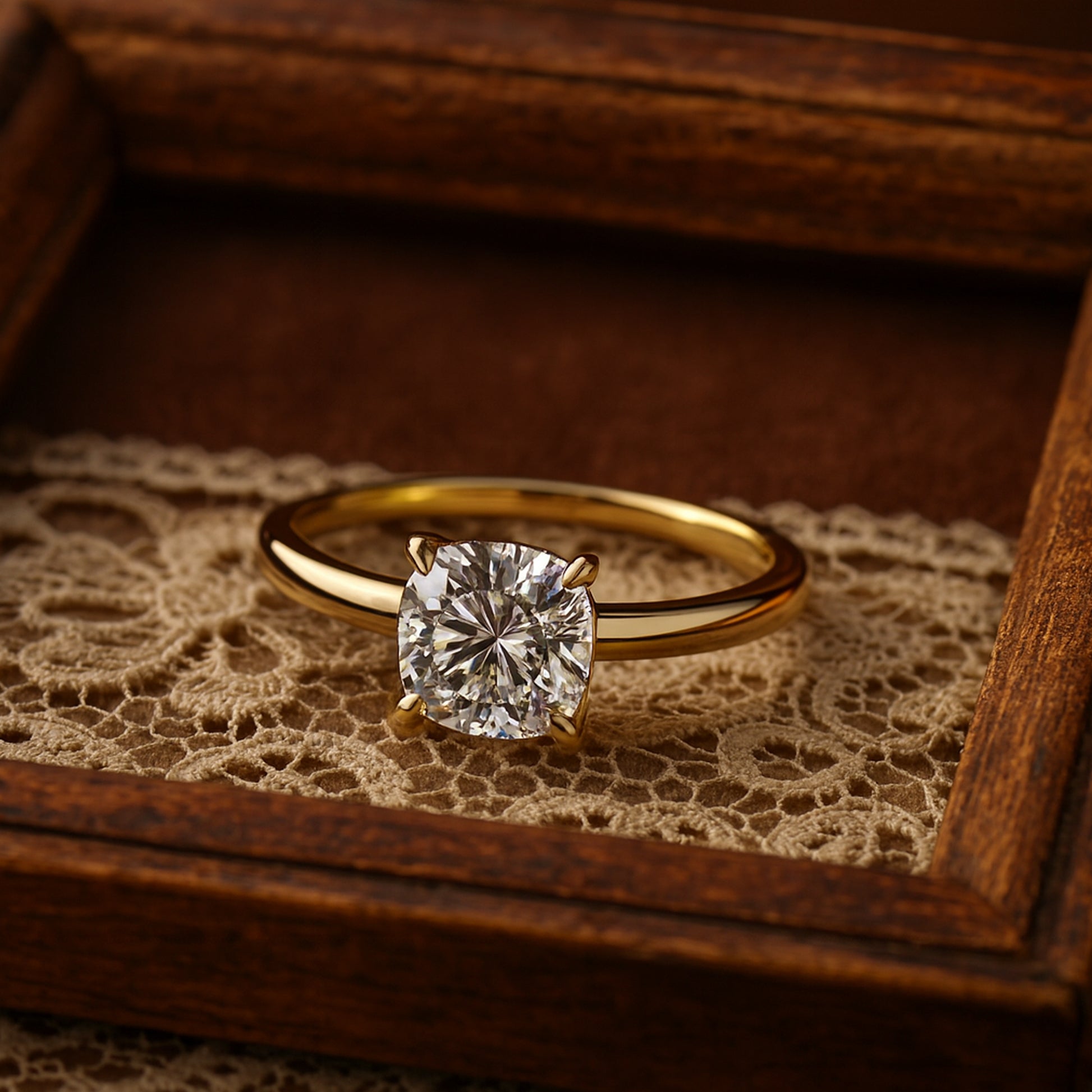 Elegant Cushion Cut Moissanite Engagement Ring In Yellow Gold Band, Diamond Inspired Solitaire Style By Diiro.