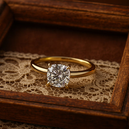 Elegant Cushion Cut Moissanite Engagement Ring In Yellow Gold Band, Diamond Inspired Solitaire Style By Diiro.