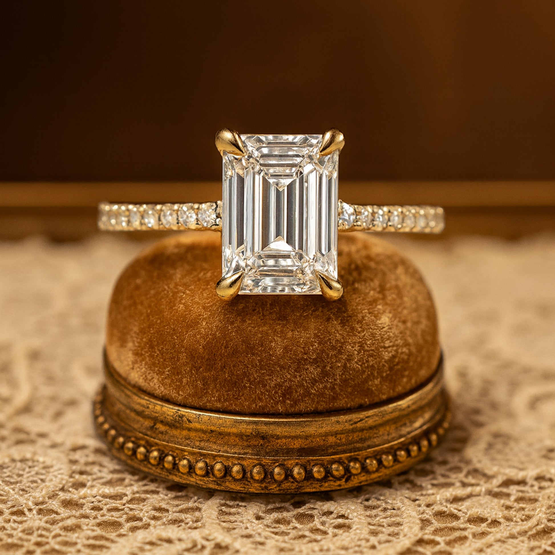 High Set Cathedral Moissanite Engagement Ring With Emerald Cut Stone And Stunning Diamond-Inspired Shine