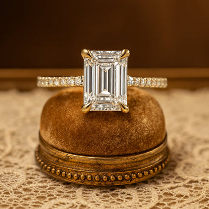 High Set Cathedral Moissanite Engagement Ring With Emerald Cut Stone And Stunning Diamond-Inspired Shine