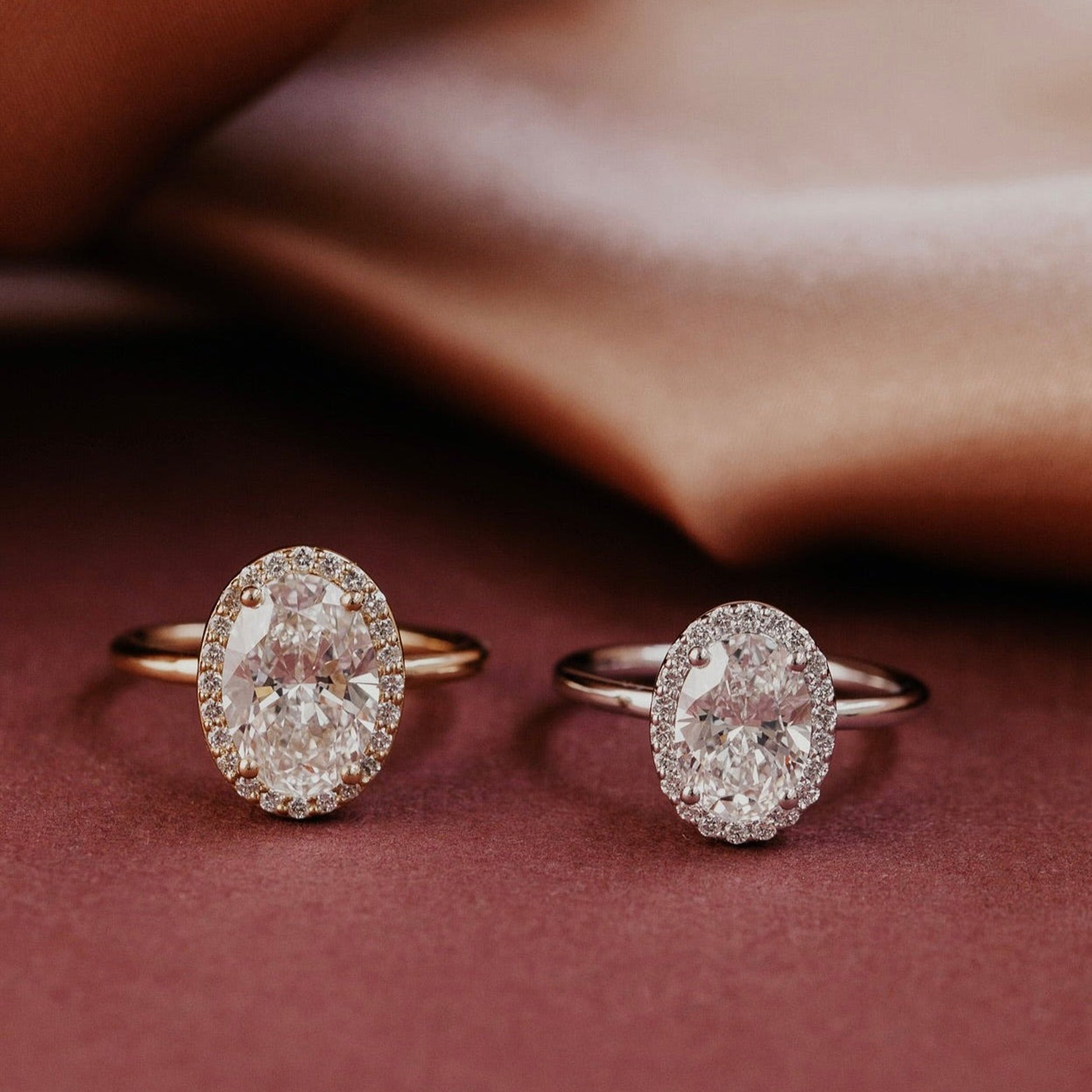 Oval Halo Pave Engagement Ring, Moissanite Rose Gold Fine Jewelry With Continuous Sparkle Band