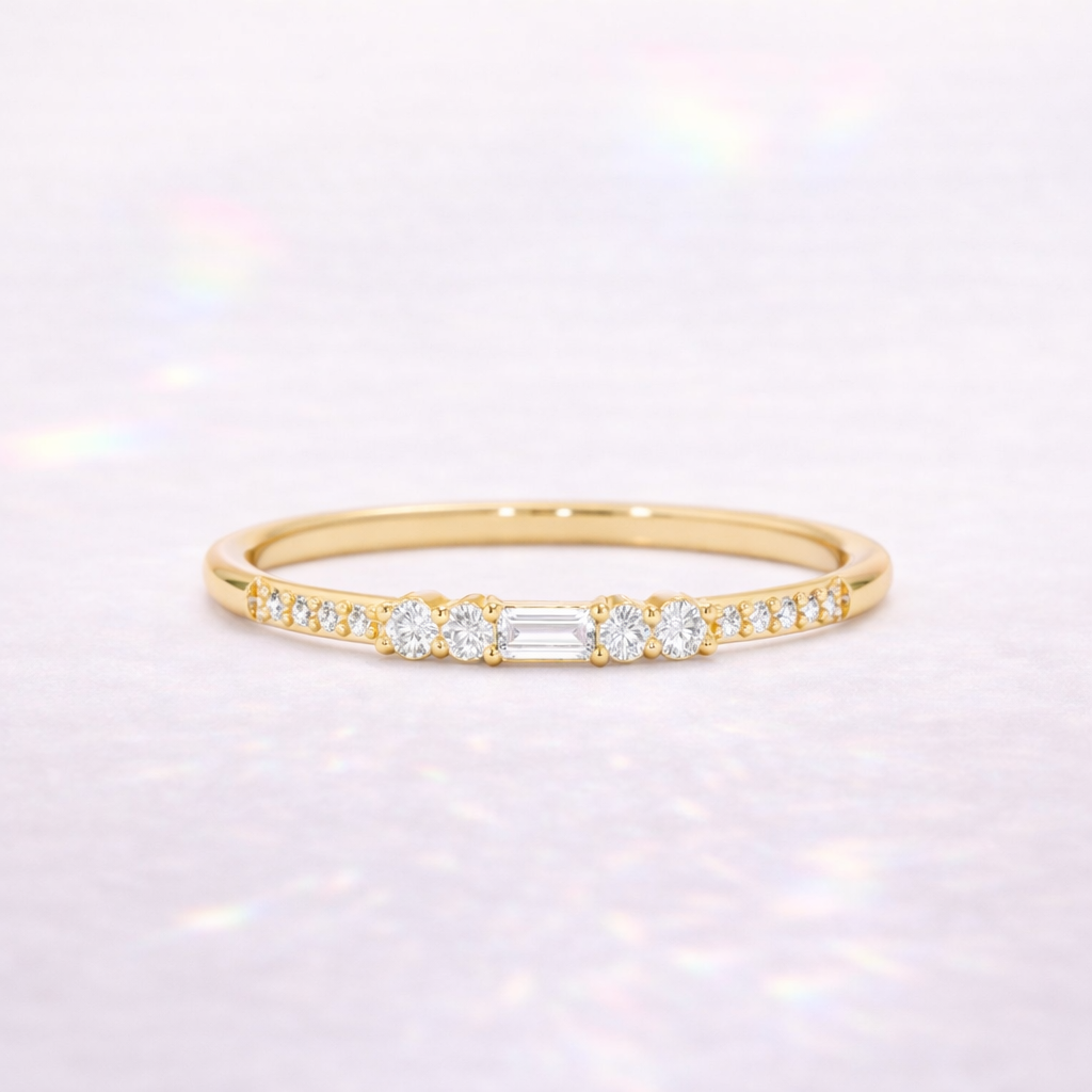 Stackable Wedding Band Natural Diamond Baguette And Round Cut Yellow Gold Band.
