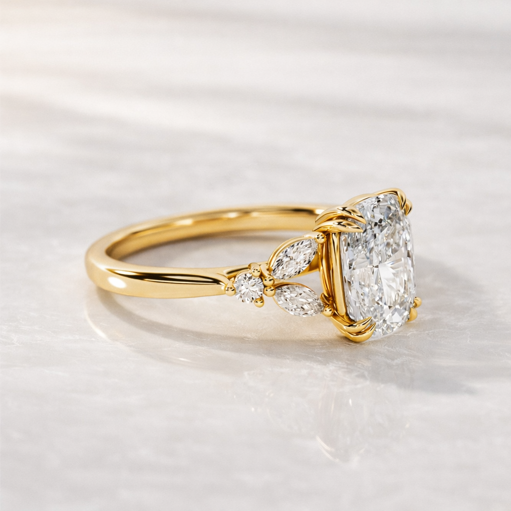 Rose Gold Engagement Ring With Elongated Cushion Cut Moissanite
