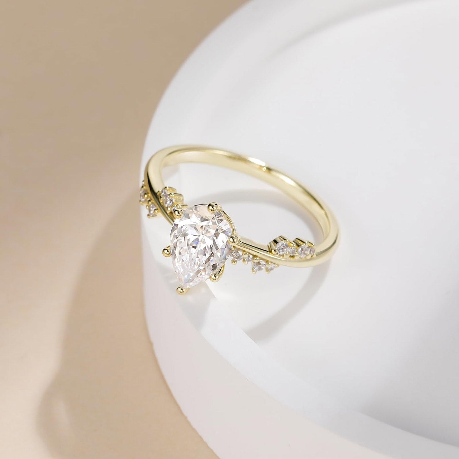 Nature Inspired Ring Pear Cut Moissanite Round Cut Diamond Side Stone Gold.
