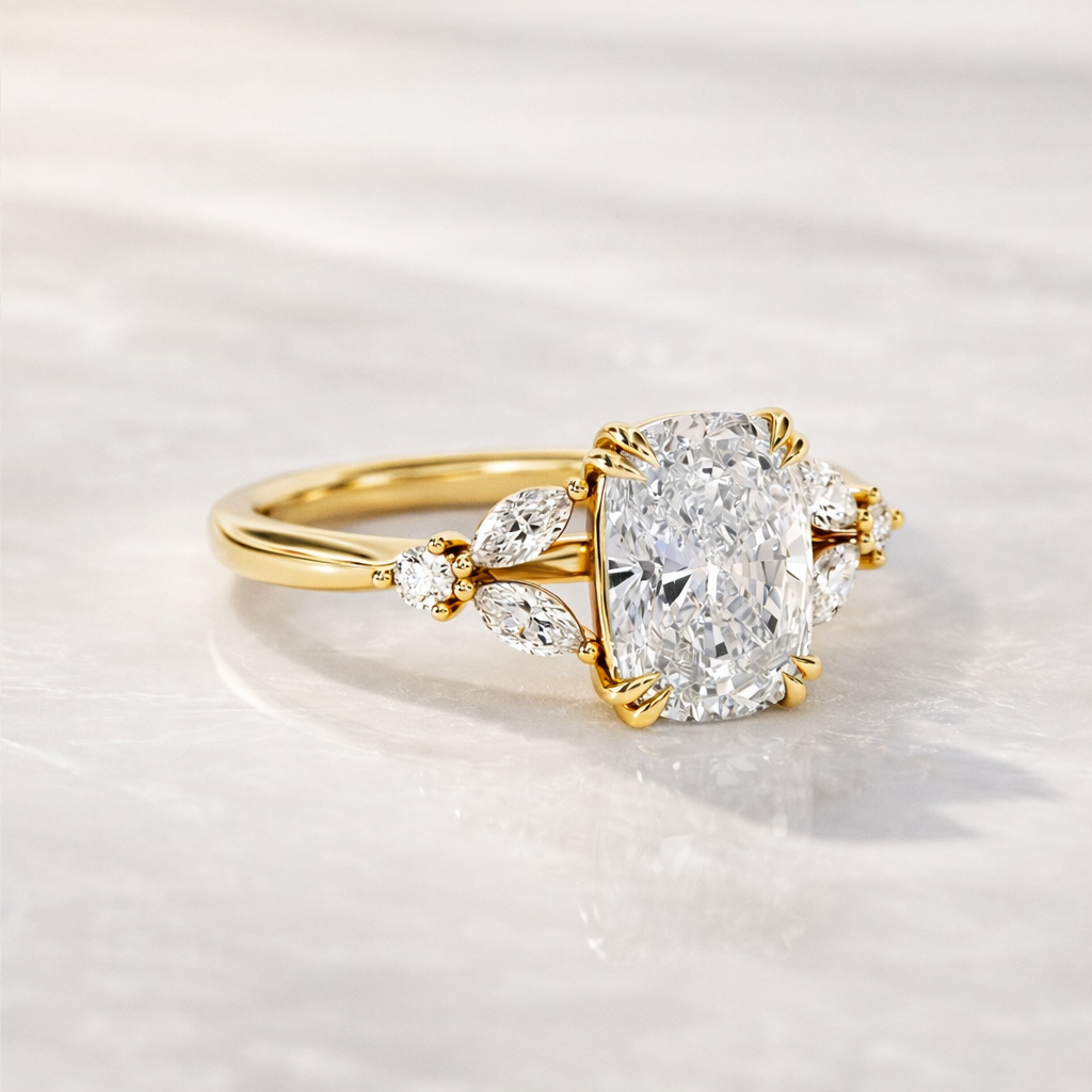 Nature Inspired Engagement Ring With Elongated Cushion Cut Center Stone
