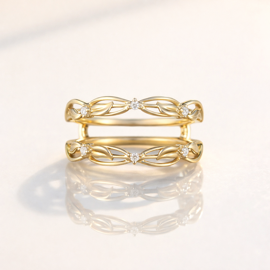 Moissanite Ring Enhancer In Yellow Gold With Nature Inspired Wedding Band Design