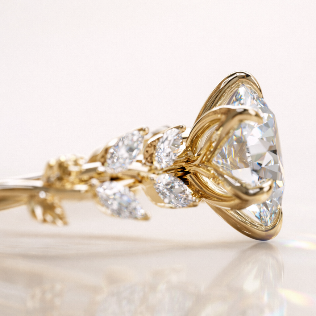 Yellow Gold Tulip Engagement Ring With Round Center And Marquise Side Stones
