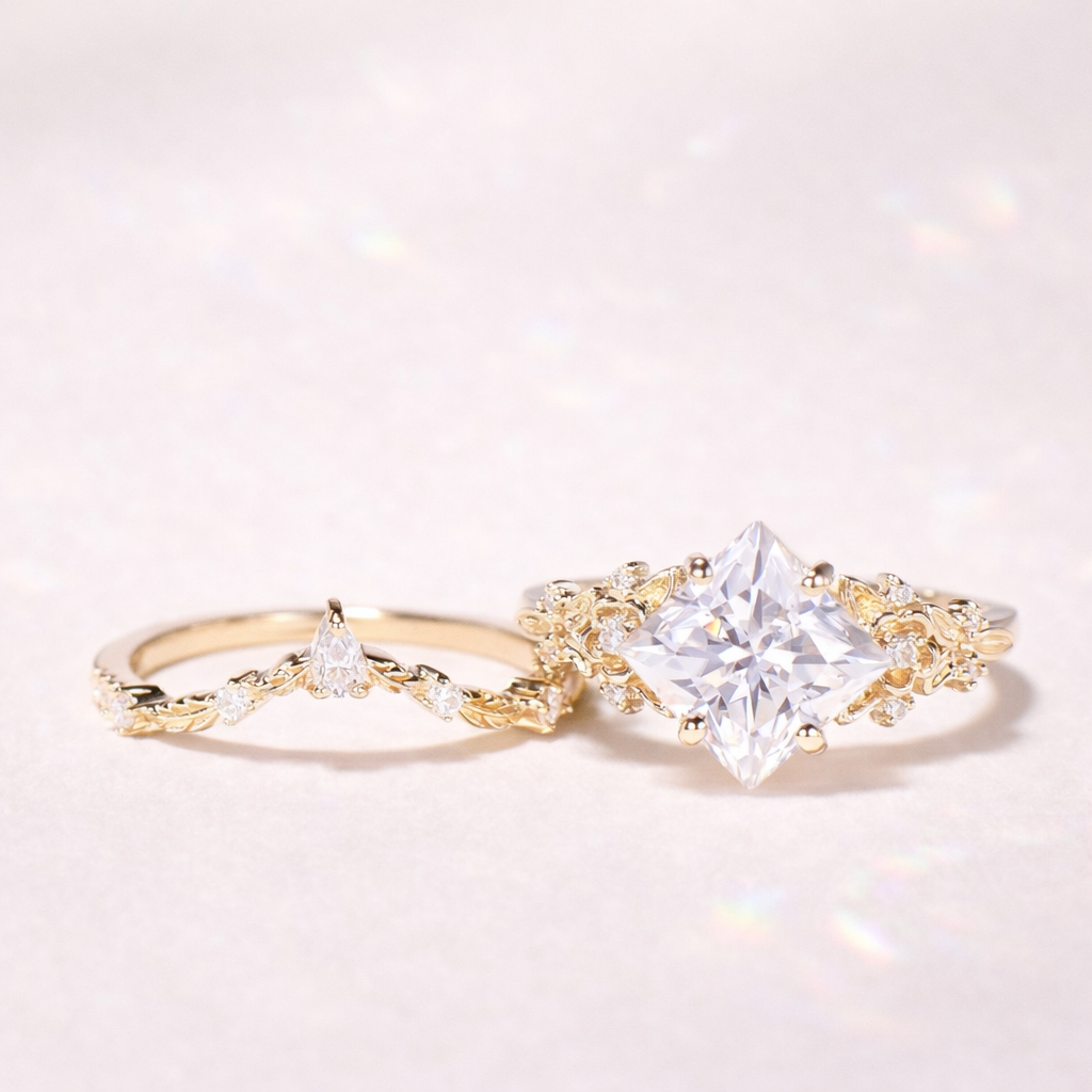 2 Ct Princess Cut Diamond Ring Curved Wedding Band Yellow Gold Bridal Set.
