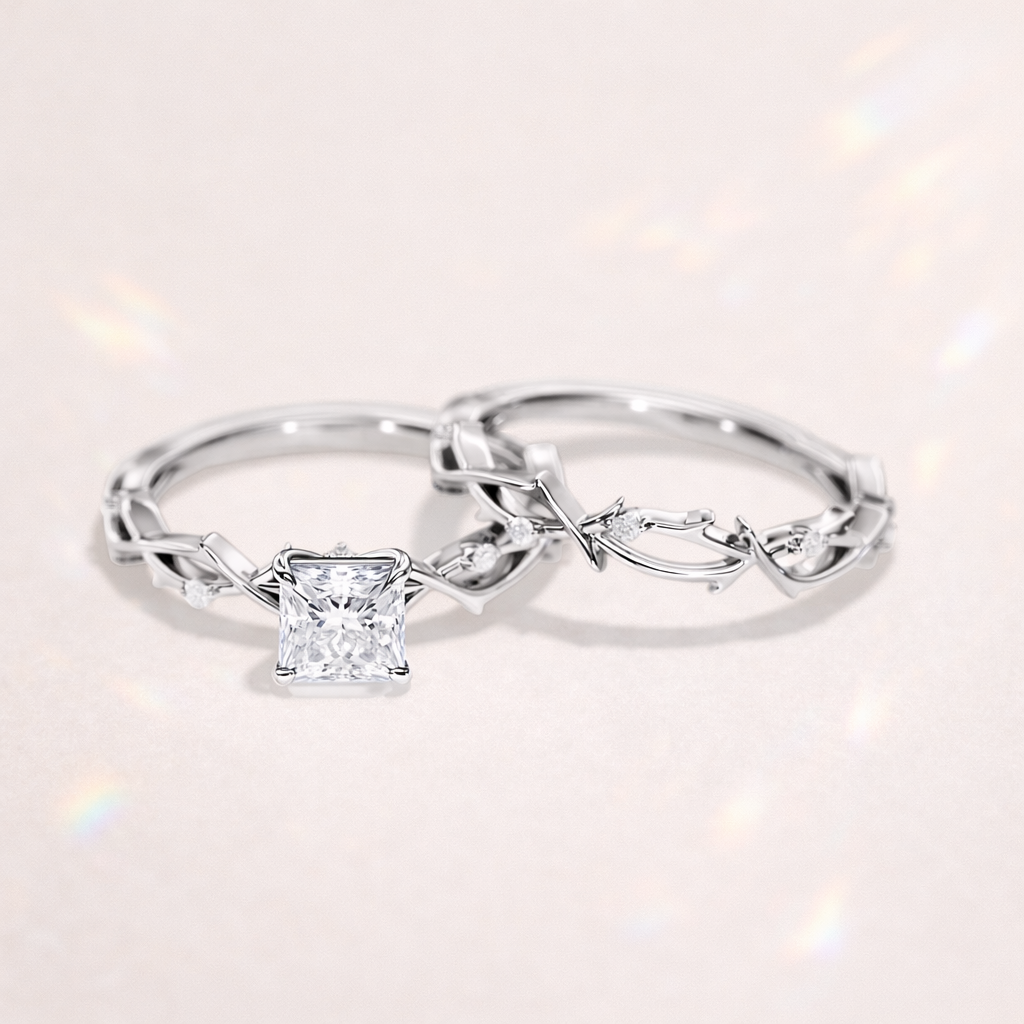 Princess Cut Diamond Bridal Set Twisted Wedding Band 4 Claw Prong Setting.
