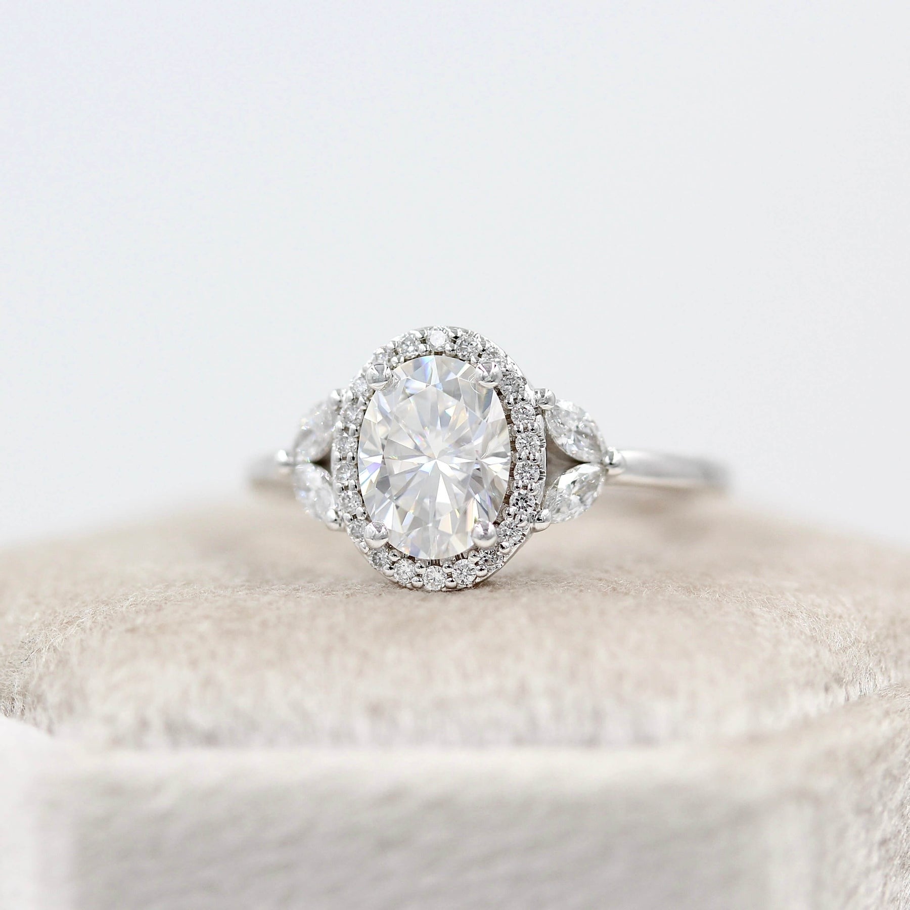 Nature Inspired Engagement Ring Oval Cut Halo 4 Marquise Side Stone Gold.
