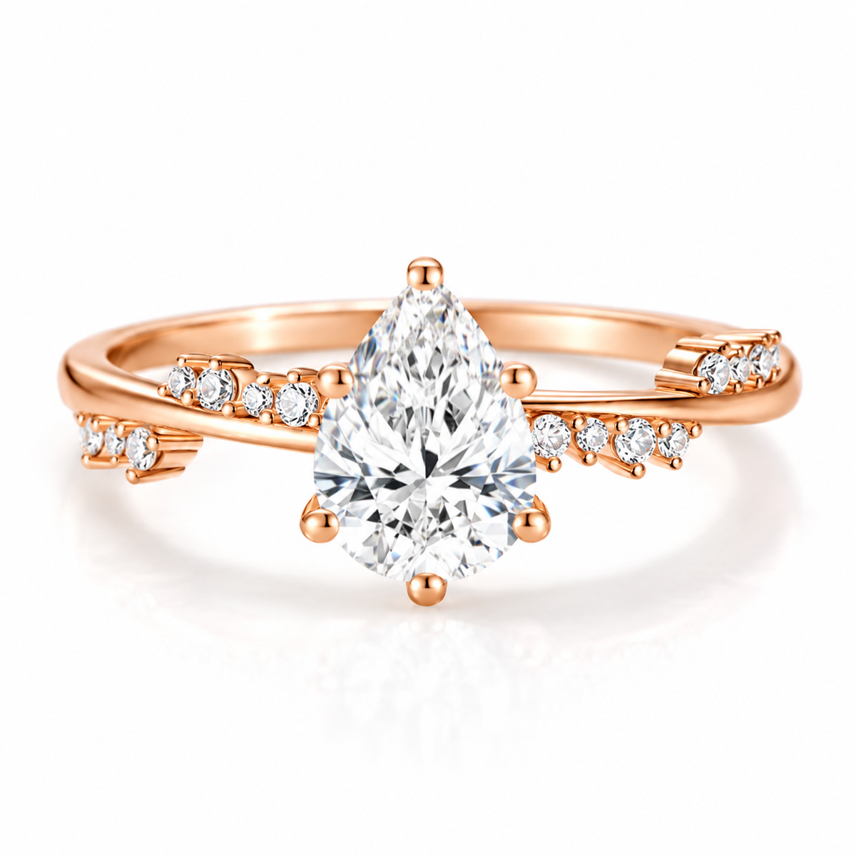 18K rose gold vermeil pear-shaped gemstone engagement ring with sparkling round accent stones and a polished twisted band.