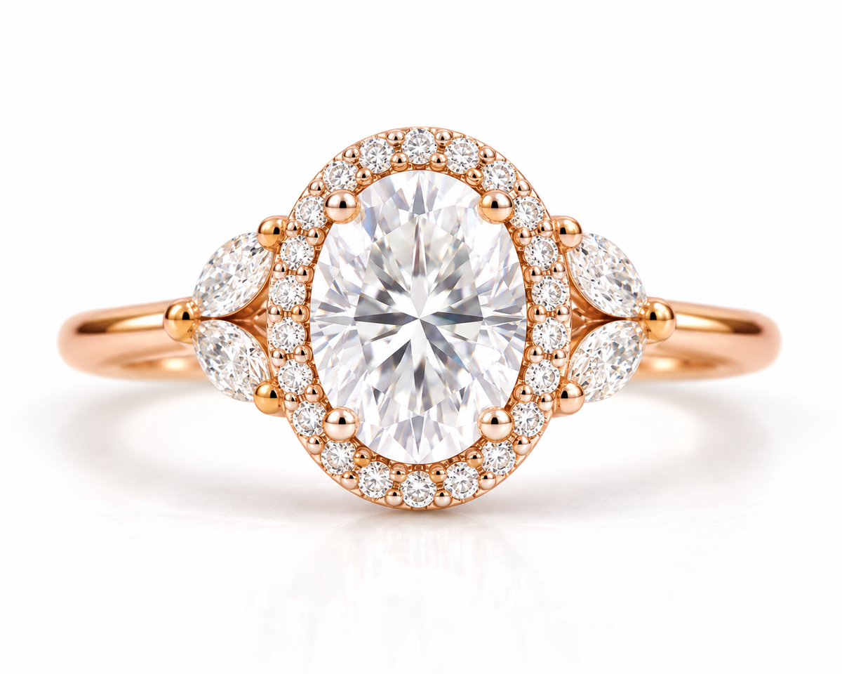 18K rose gold vermeil oval engagement ring with a sparkling diamond halo, pear-shaped side stones, pavé accents, and polished rose gold band.