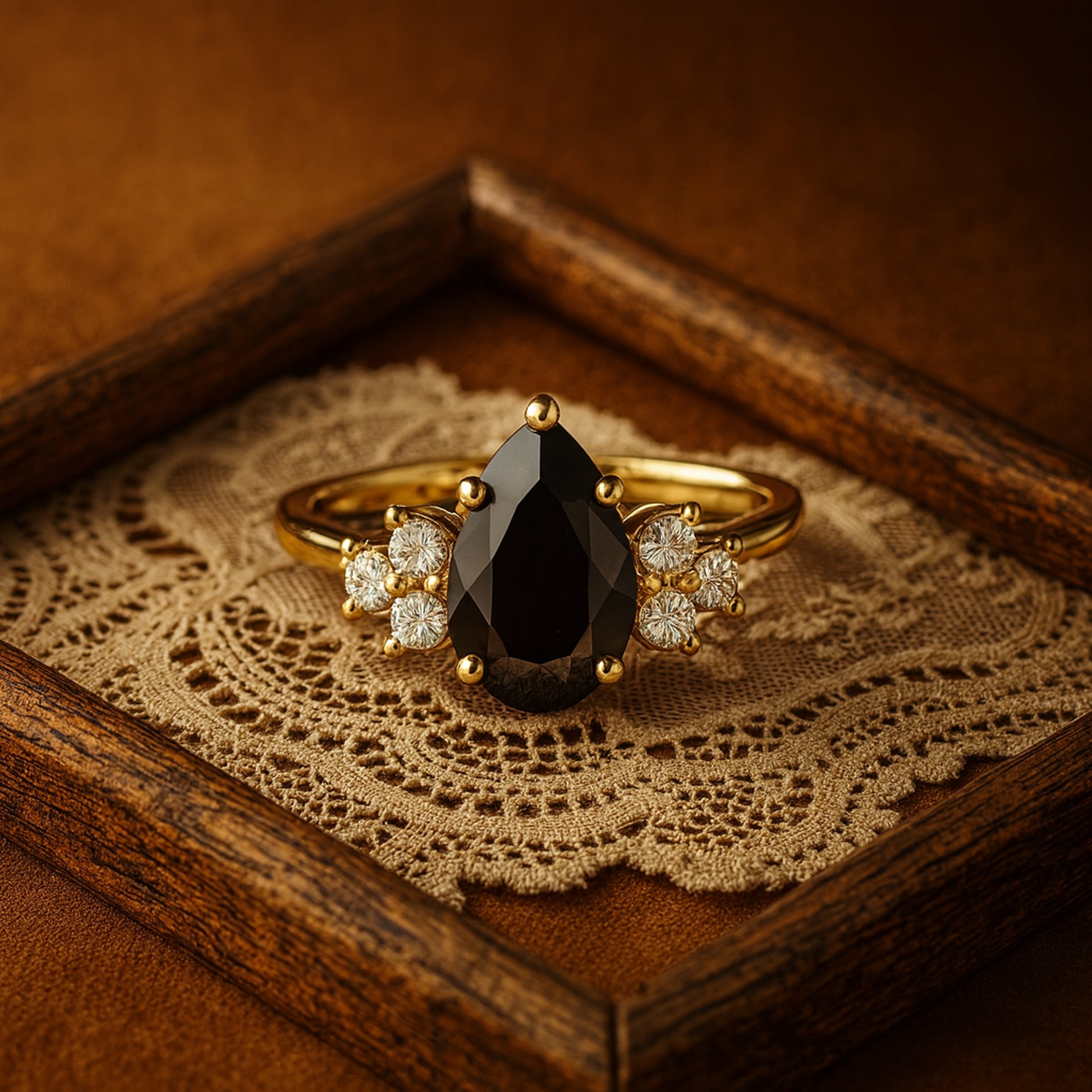 Bold Pear Cut Black Moissanite Ring With Round Diamond Cluster Accents Alternative VVS1
