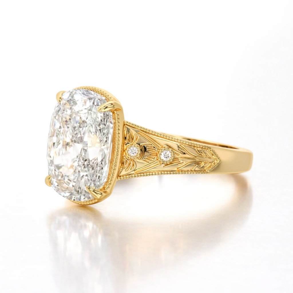 Old Mine Cushion Cut Ring 4 Claw Prong Setting Milgrain Engagement Ring.
