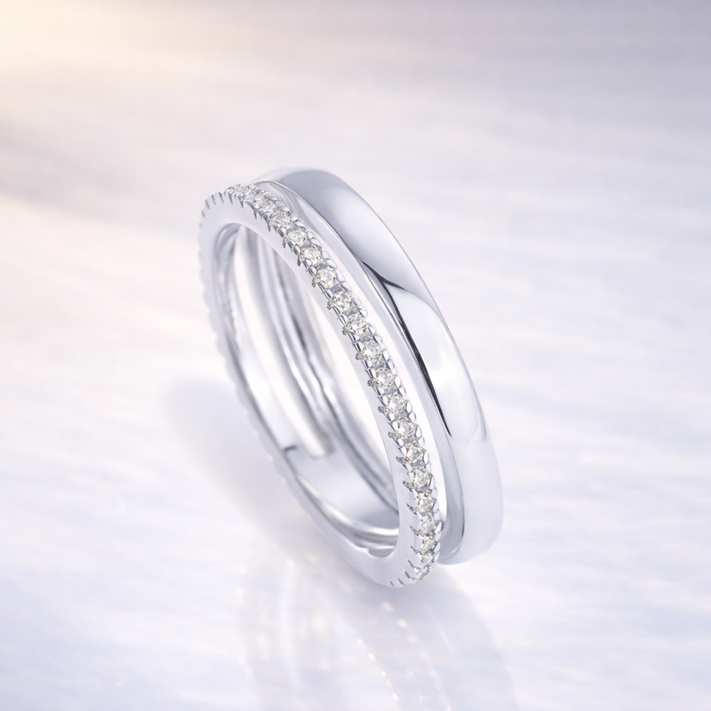Double Wedding Band Eternity Wedding Band Minimalist White Gold Stack Ring Set.
