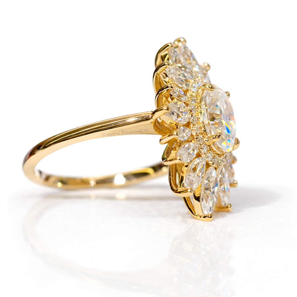 Art Deco Moissanite Ring Four Claw Prong Setting Cluster Diamond Ring.
