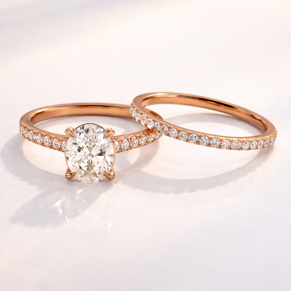 Pave engagement ring with oval diamond wedding band
