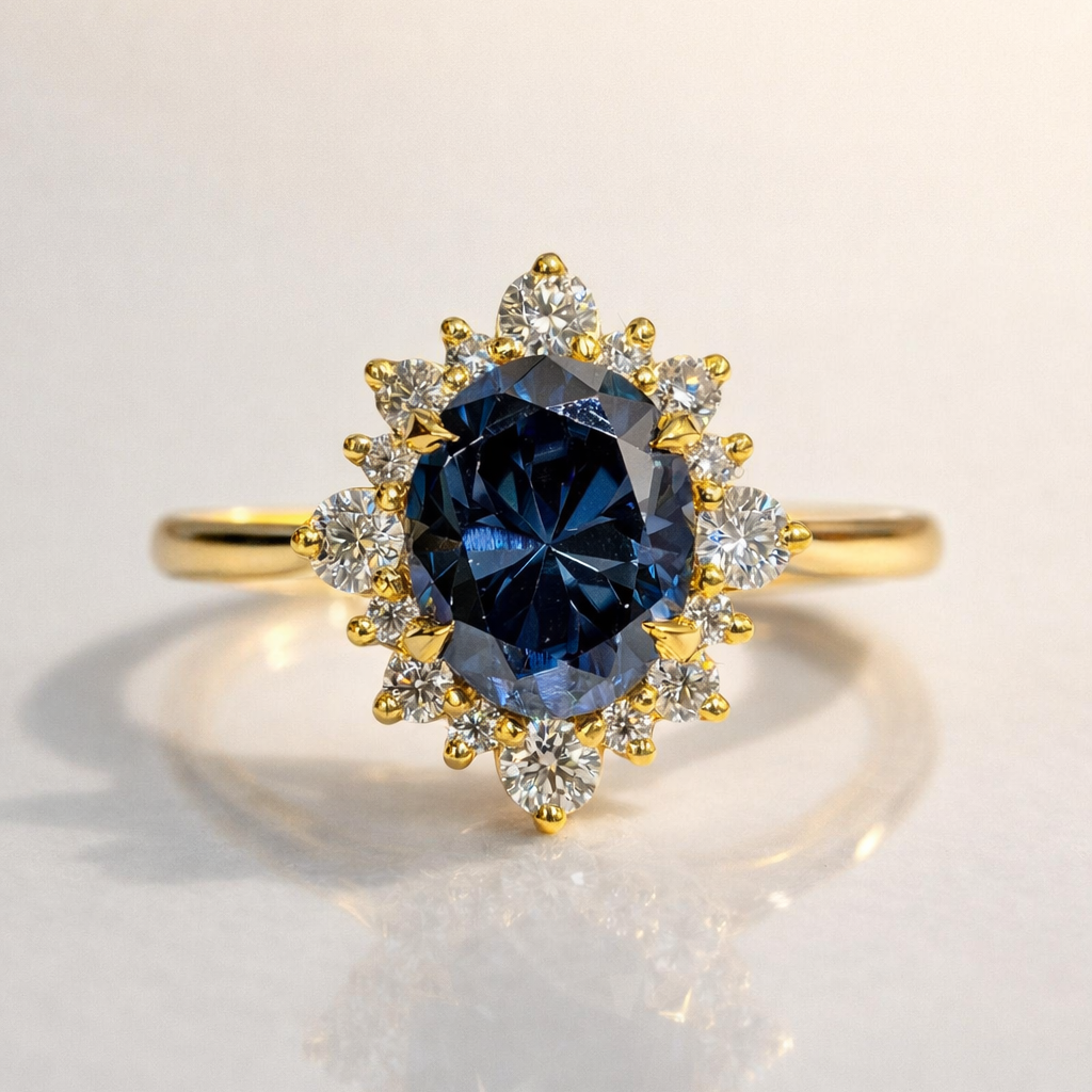 Blue Sapphire Engagement Ring Oval Cut Diamond Ring Cluster Halo Design.
