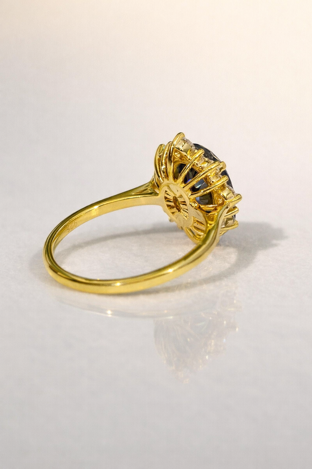 Yellow Gold Engagement Ring Blue Sapphire Oval Cut Cluster Halo Ring.
