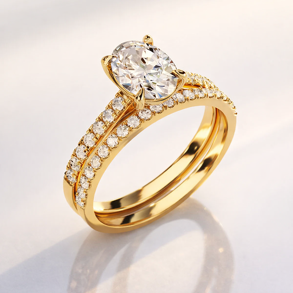 White gold oval diamond ring with matching band
