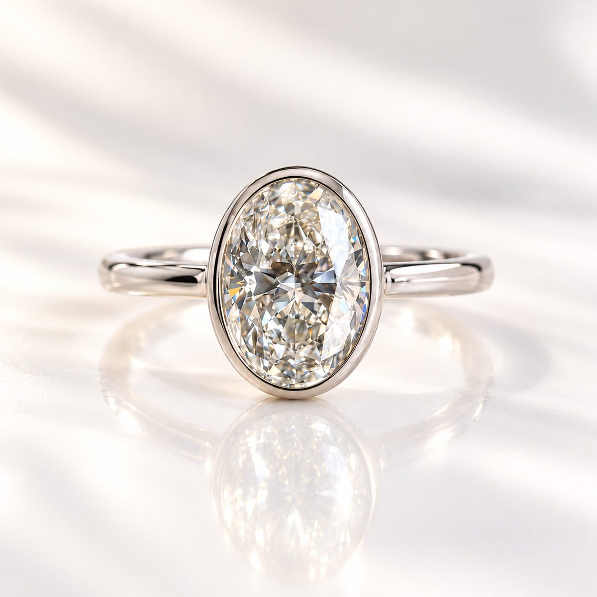 Oval cut diamond center stone in a white gold bezel setting