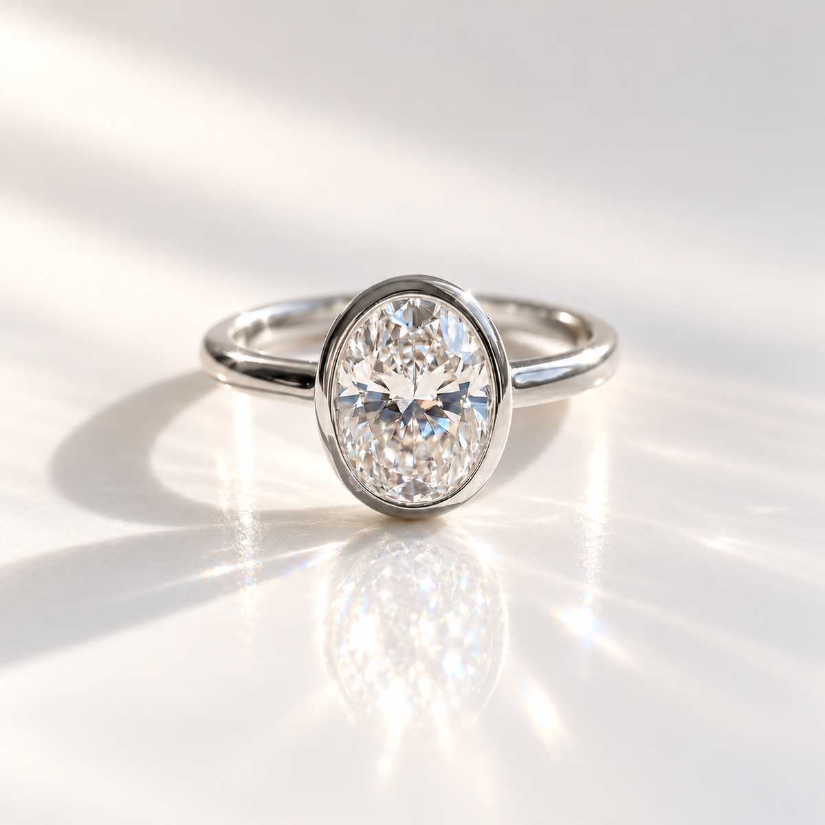 Oval cut diamond center stone in a white gold bezel setting