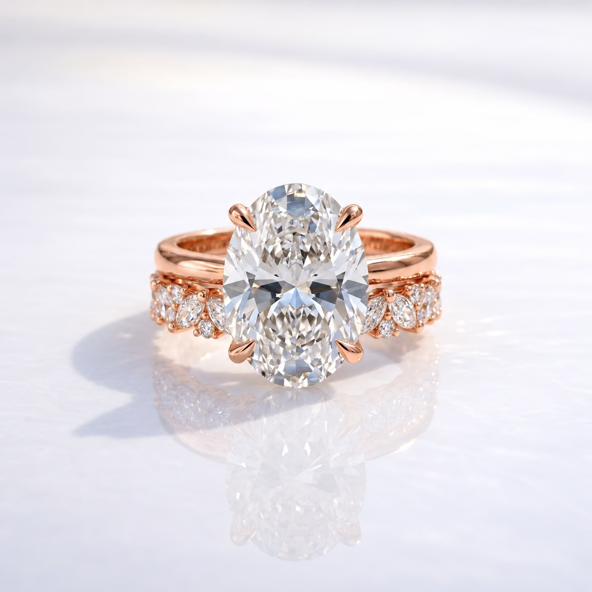 18K rose gold vermeil oval-cut engagement ring with diamond floral side accents on a white background.