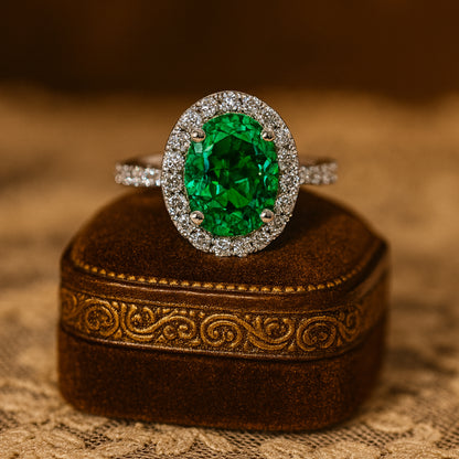 2 CT Oval Cut Lab Emerald Engagement Ring with Diamond Halo in 18K White Gold - Diiro May Birthstone Jewelry