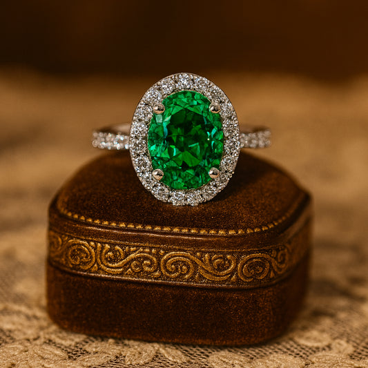 2 CT Oval Cut Lab Emerald Engagement Ring with Diamond Halo in 18K White Gold - Diiro May Birthstone Jewelry