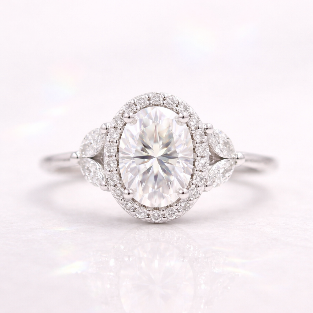 Oval Cut Halo Engagement Ring 4 Marquise Side Stone White Gold Setting.