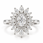 Polished silver oval center stone engagement ring with a sparkling halo and marquise-cut diamond floral design