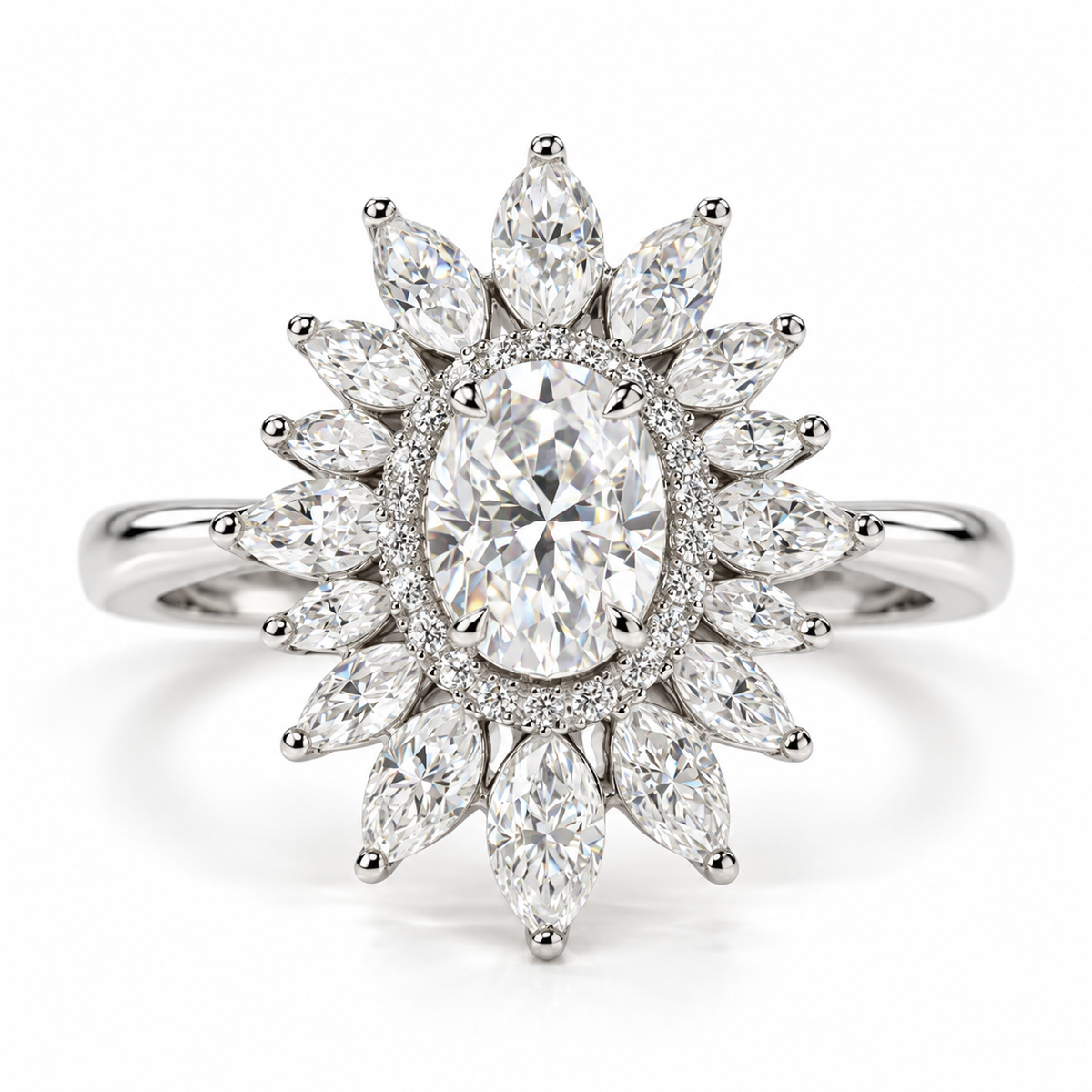 Polished silver oval center stone engagement ring with a sparkling halo and marquise-cut diamond floral design