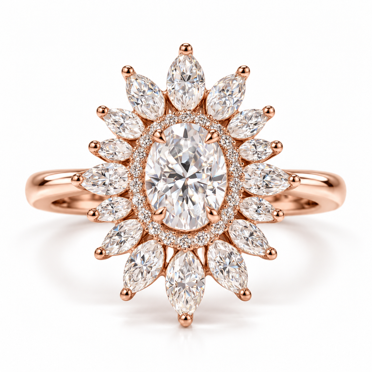 oval center stone engagement ring with a sparkling halo and marquise-cut diamond floral design