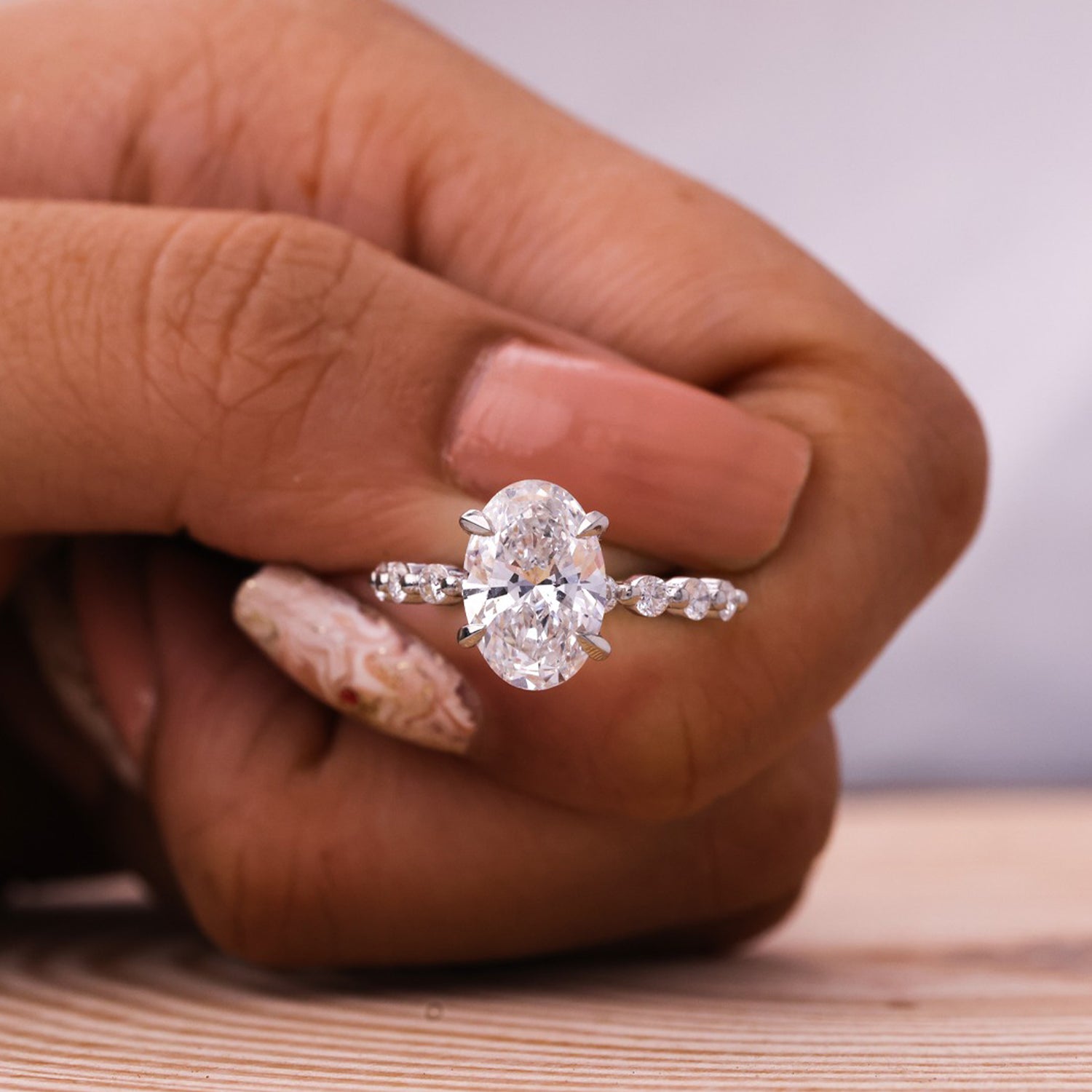 Women's Ring Oval Moissanite Diamond Ring 10K White Gold Proposal Rings