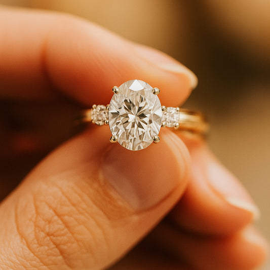 2ct Oval Cut Moissanite Three Stone Engagement Ring Prong Setting In Gold VVS1 Clarity
