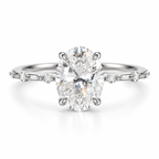 Silver oval diamond engagement ring with diamond accented band