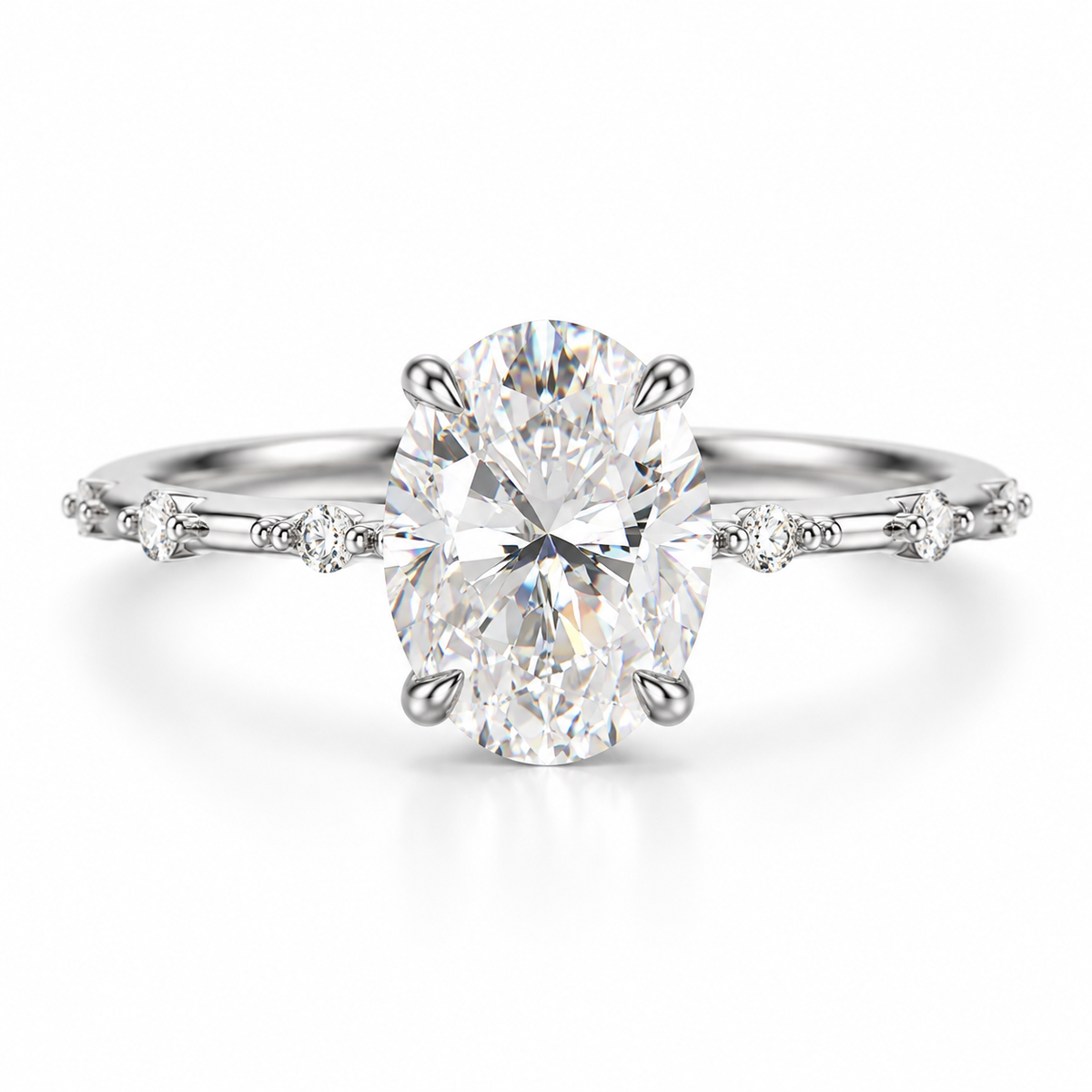 Silver oval diamond engagement ring with diamond accented band