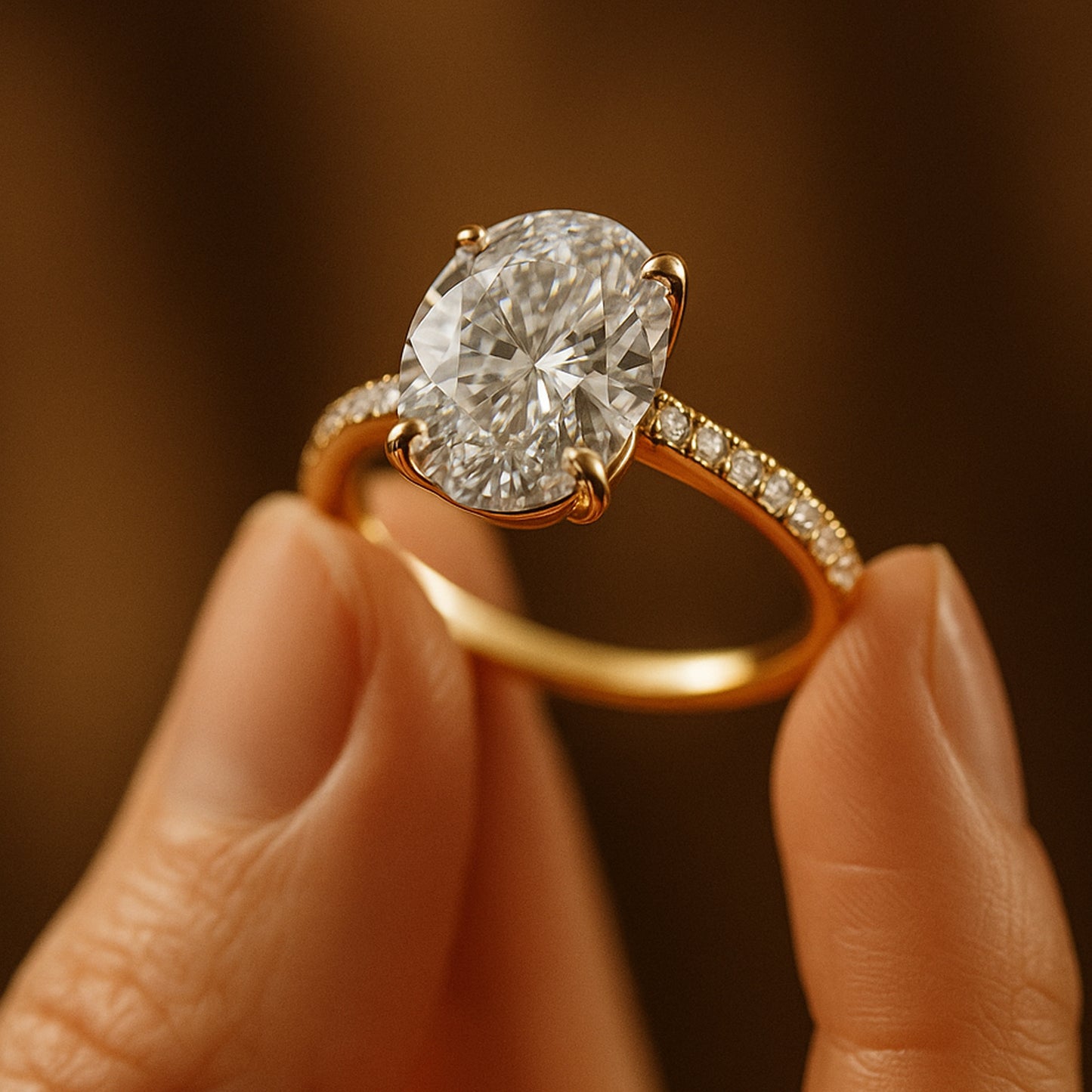 Diiro Gold Oval Diamond Engagement Ring With Pavé Band, Designed To Capture Light Beautifully For A Graceful, Contemporary Expression